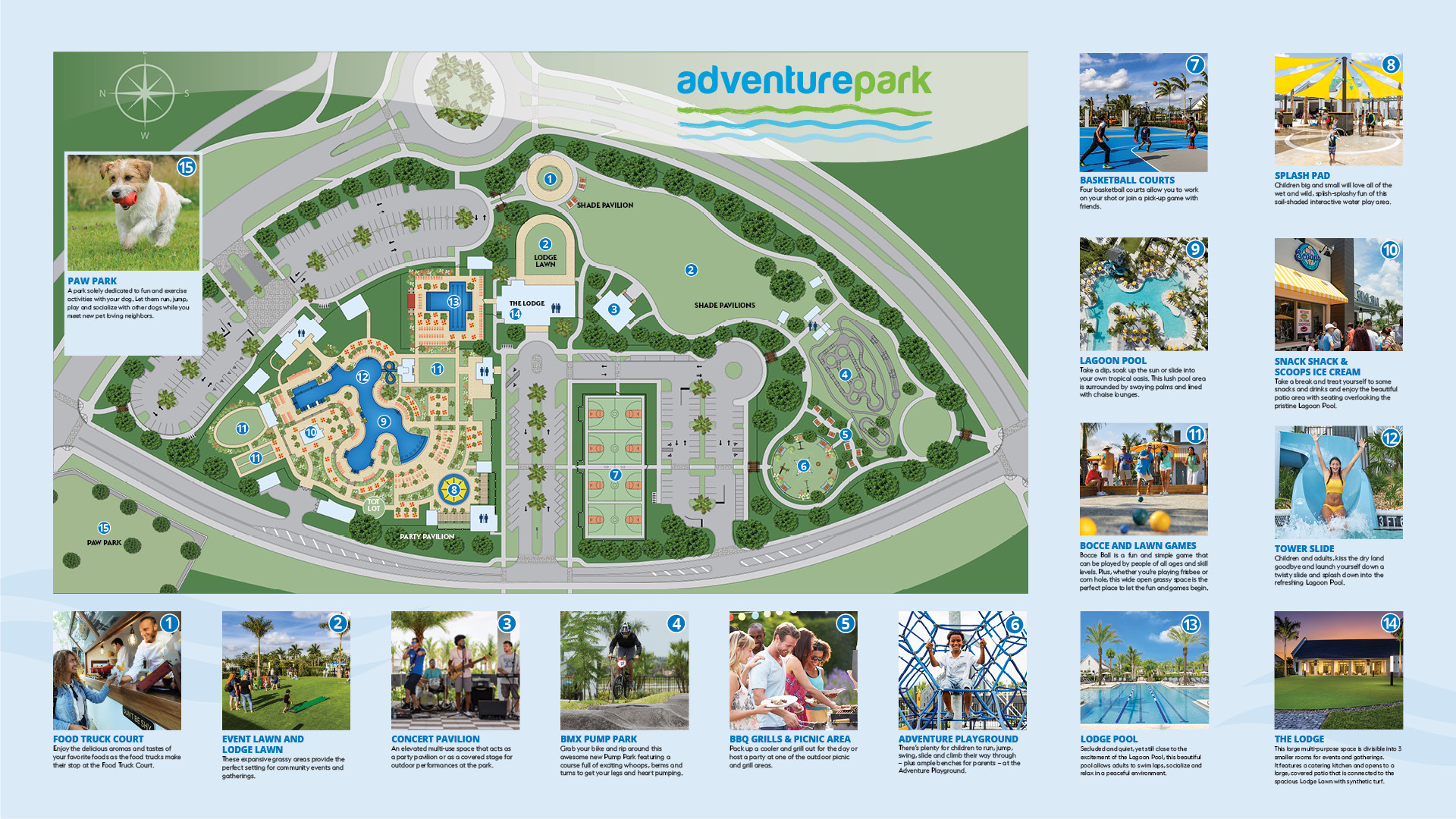 Westlake Adventure Park site planı — lagoon havuz, kule kaydırak, BMX pump park, rekreasyon haritası